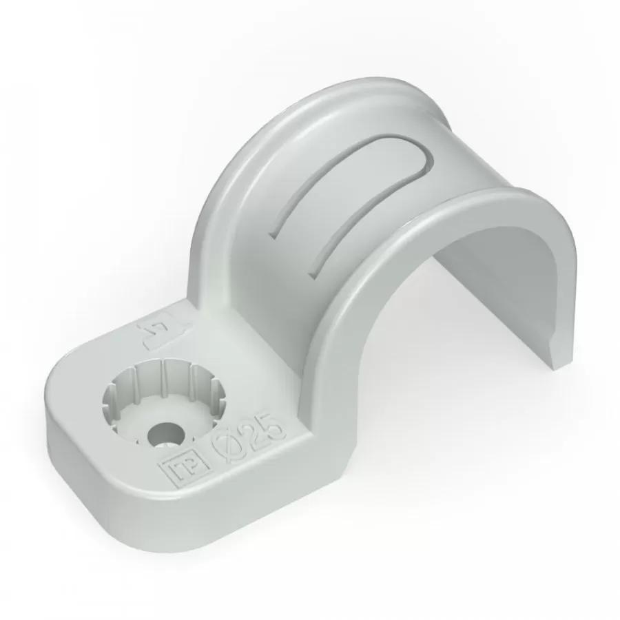 Крепеж-скоба пластиковая односторонняя для прямого монтажа атмосферостойкая серая в п/э d25 мм (50шт/450шт уп/кор) Промрукав